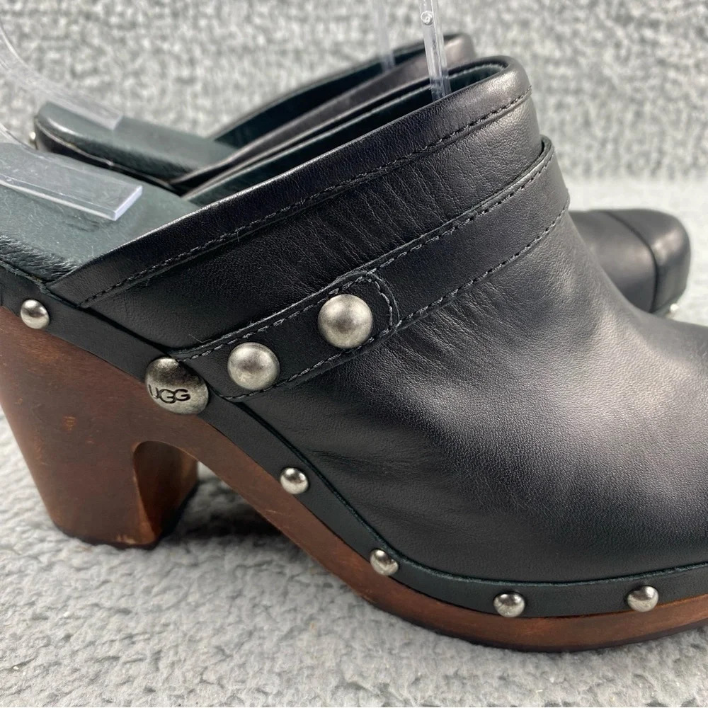 UGG Australia Jolene Heeled Clogs Black Leather Wood Shear Silver Studs Womens 7 - Picture 3 of 16